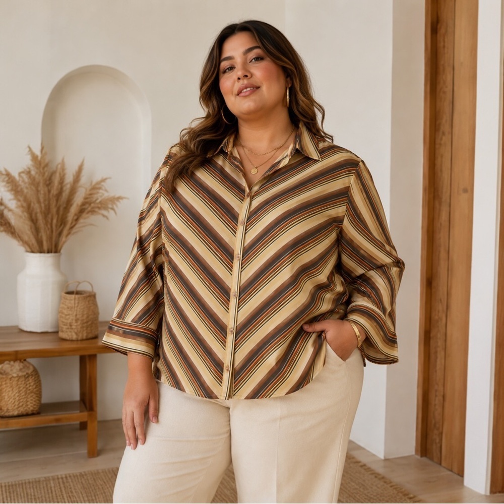 Caren Sport Striped Stretch Button Front Blouse Women’s 1X Brown Beige Retro Y2K